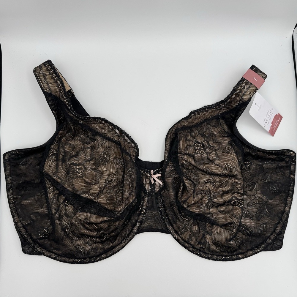 Cacique 44I Black Lace Full Coverage Underwire Bra Nude Lining Bow NEW